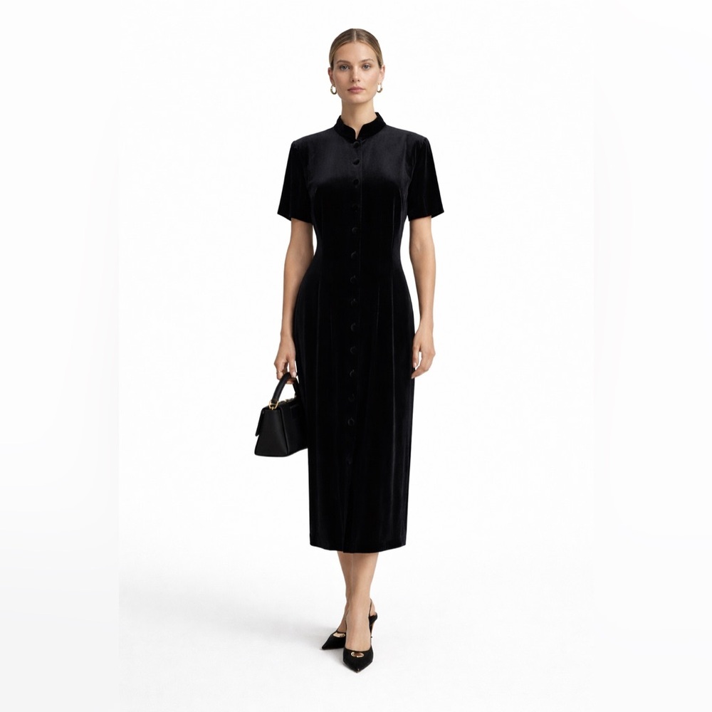 J Stevens Womens Black Velvet Midi Dress Button‎ Front Sz 10 Gothic Chic Vintage
